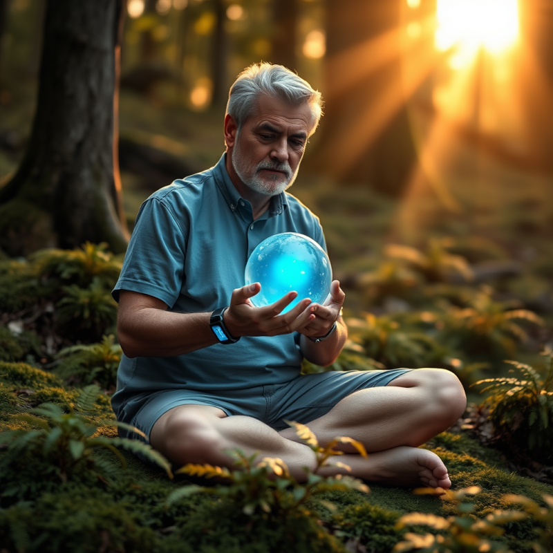 Senior Man Holding Glowing Orb in Forest