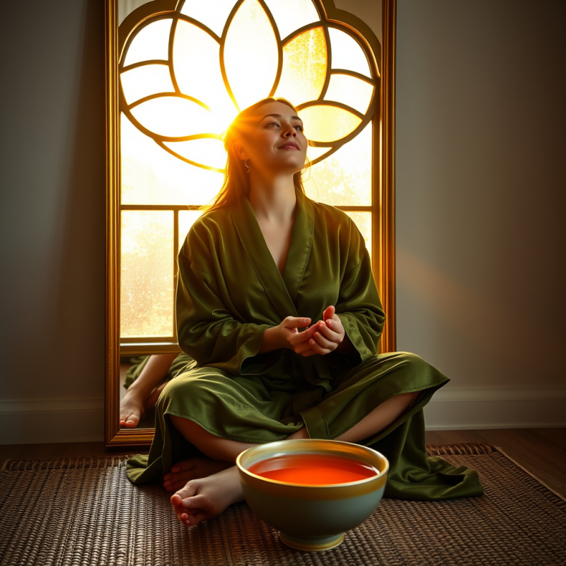 Woman in Green Robe Meditating by Window