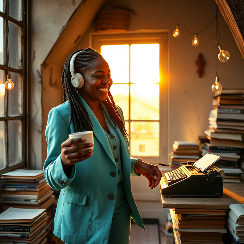 Woman with Headphones at Typewriter