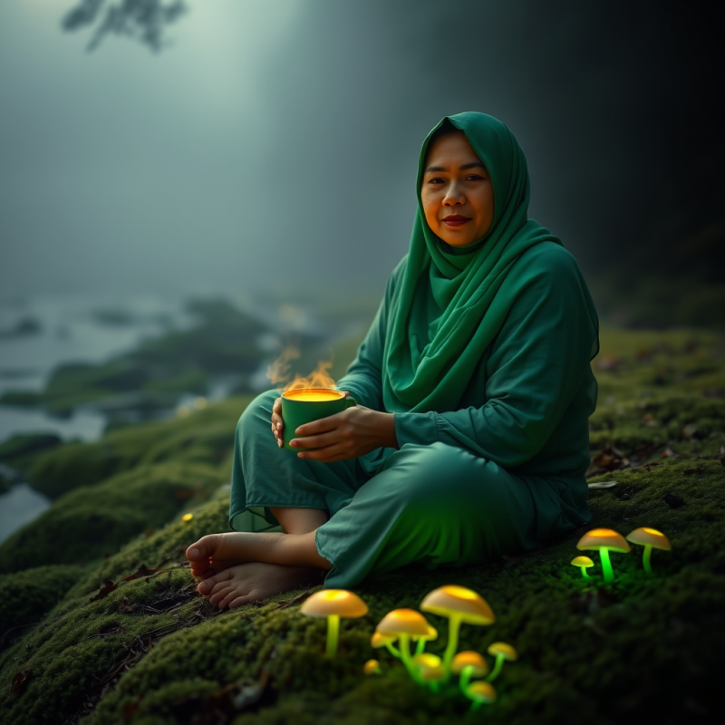 Woman in Green Robes Holding Warm Cup