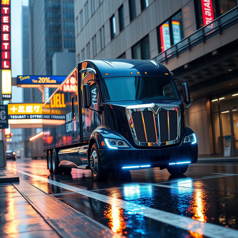 Black Semi Truck on Rainy City Street