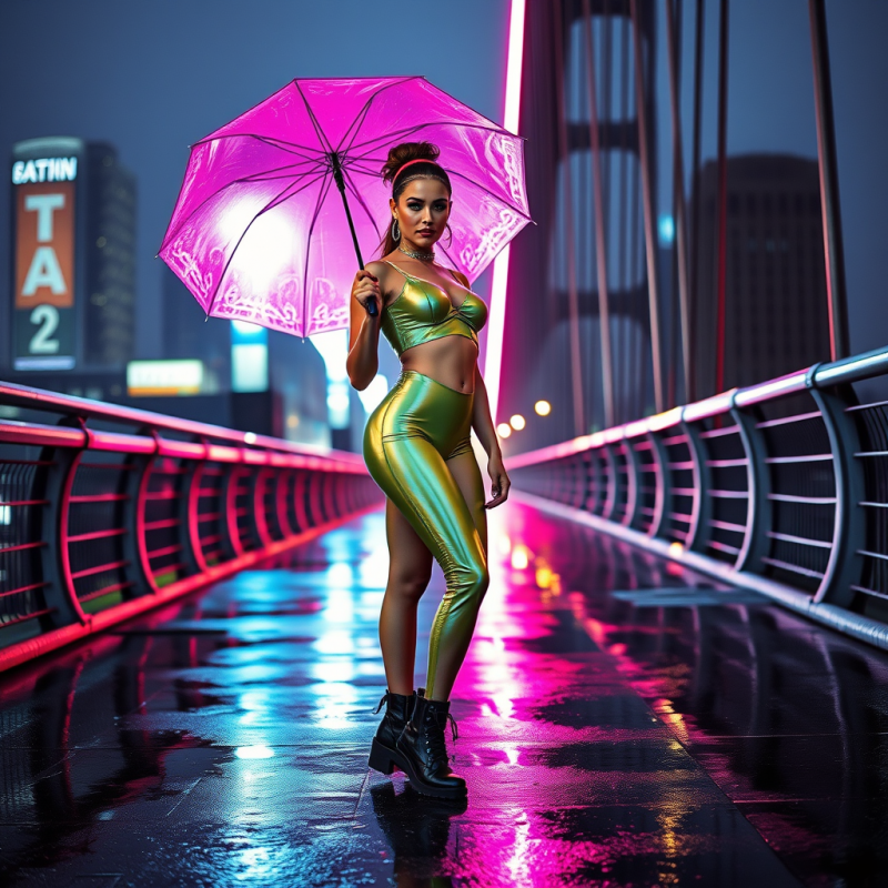 Woman in Neon Outfit Holding Umbrella
