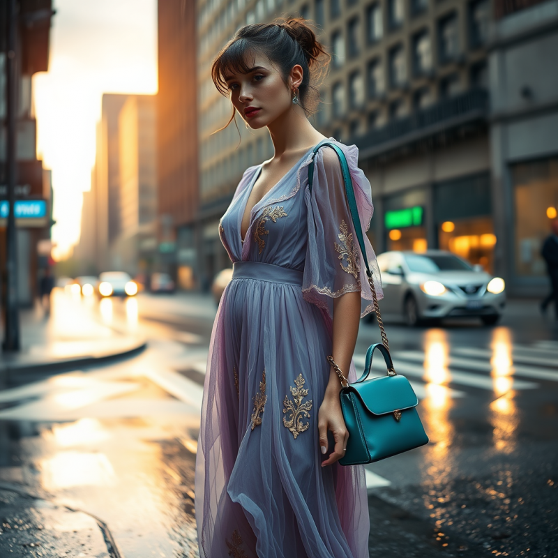 Elegant Woman in Purple Dress on Rainy Street