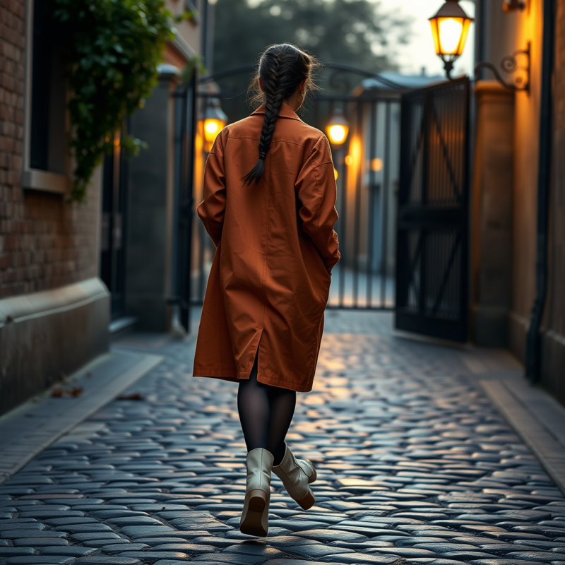 Woman in Orange Coat Walking Down Cobblestone Alley
