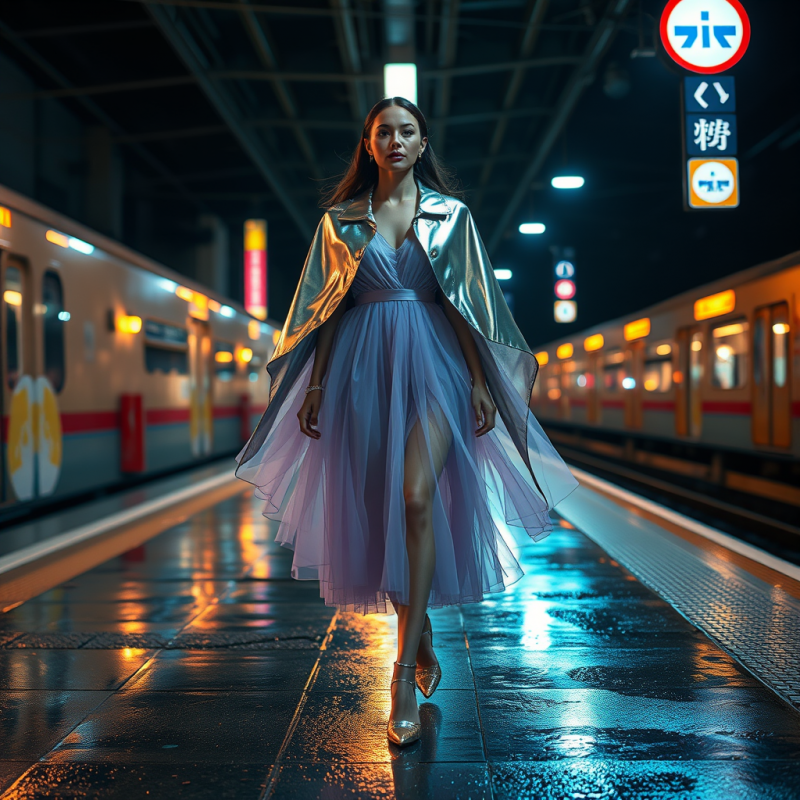 Woman in Metallic Cape at Train Station