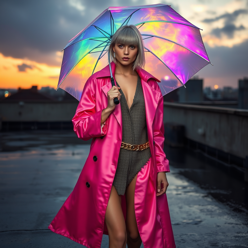 Woman in Pink Coat Holding Rainbow Umbrella