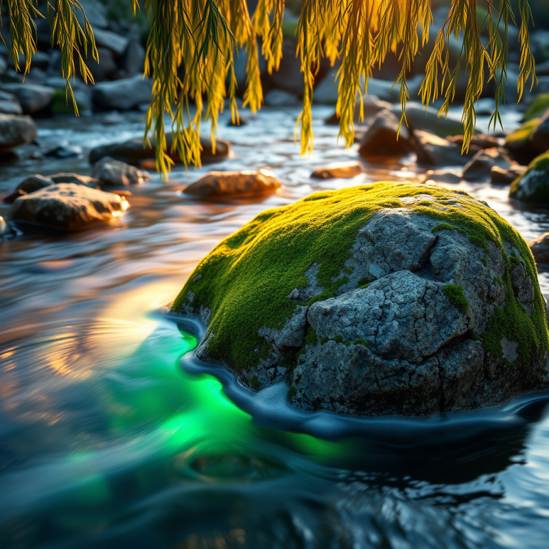 Mossy Rock in Sunlit Stream