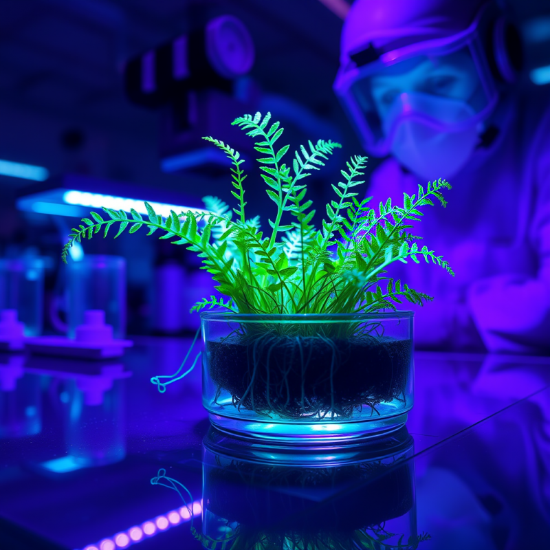 Glowing Fern in Lab with Scientist