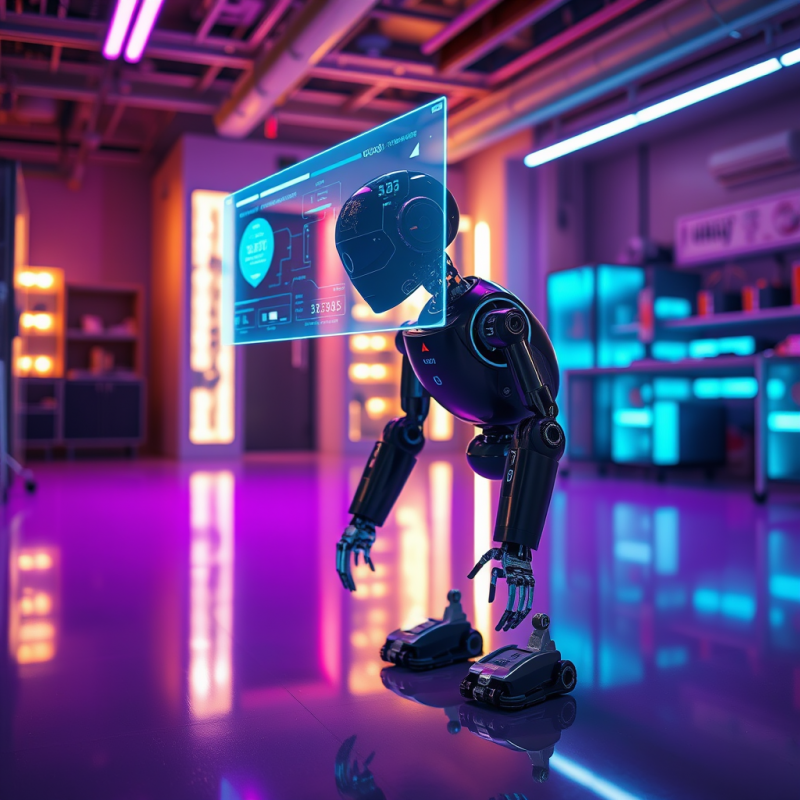 Robot with Floating Hud in Neon Lab