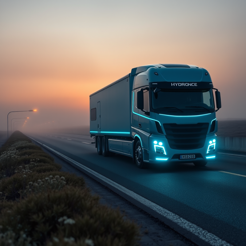 A Neon-blue Hydrogen Fuel Truck Glides Silently Through A...