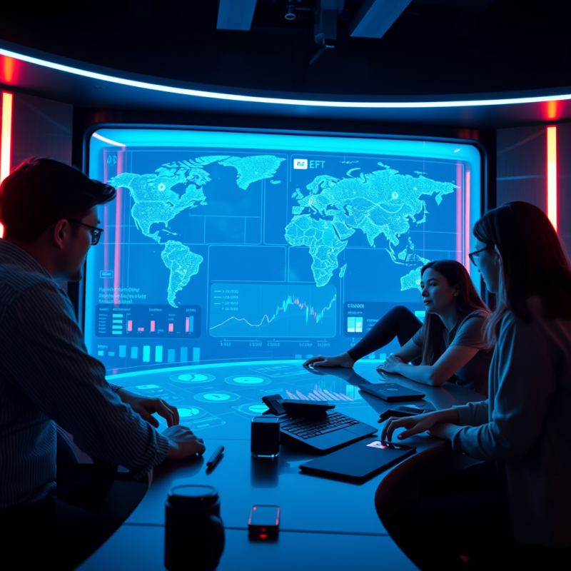 Team Analyzing Global Data in Futuristic Control Room