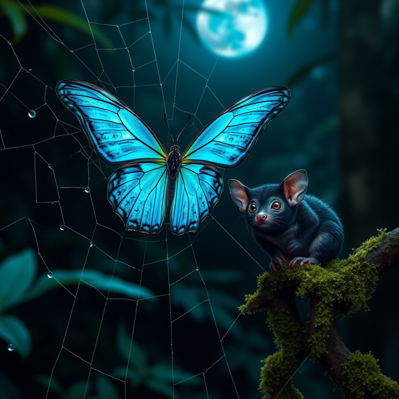 Glowing Blue Butterfly and Tiny Animal