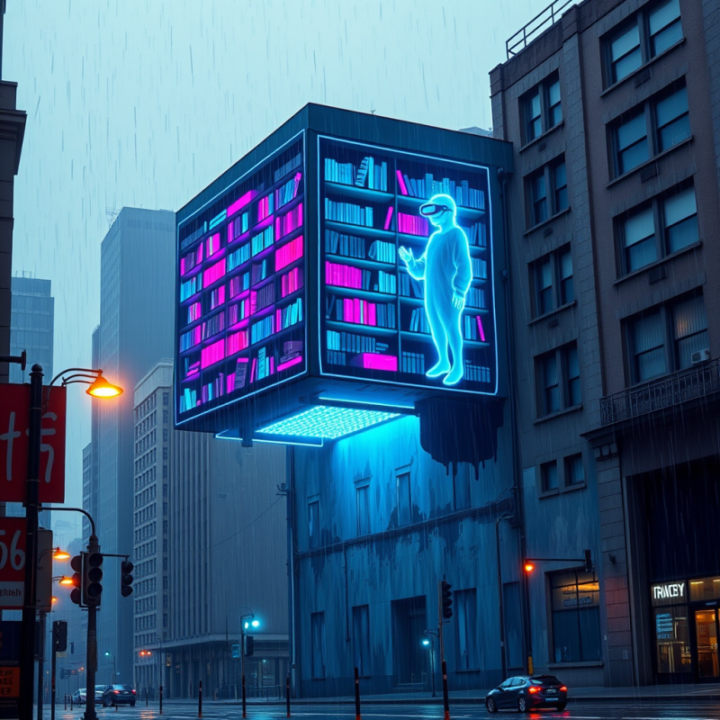 Neon Library in Rainy Cityscape