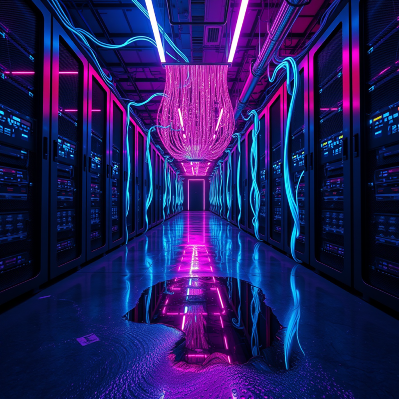 Neon Server Room with Reflective Floor