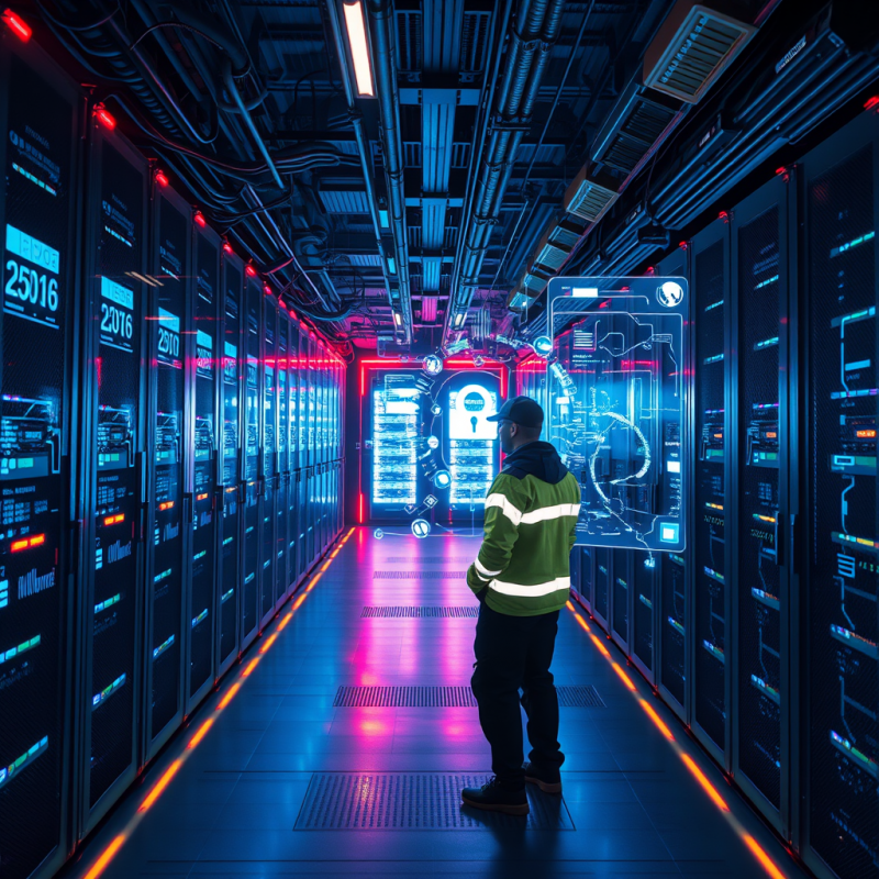 Technician in Neon-lit Data Center