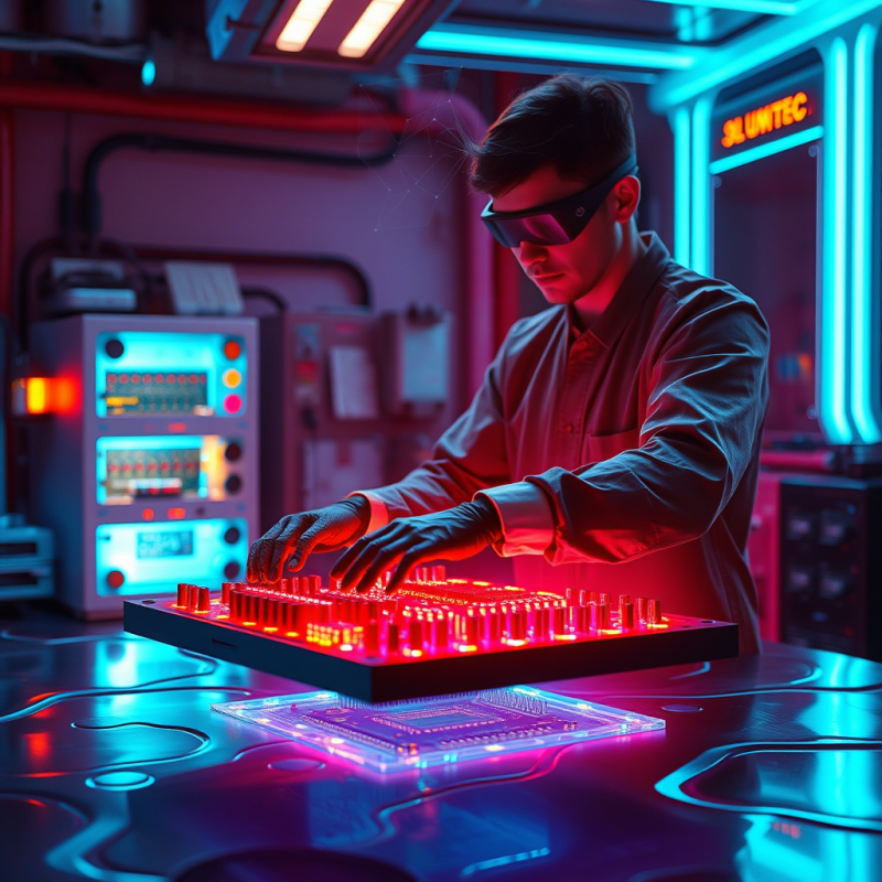 Engineer Adjusting Red Glowing Circuit Board