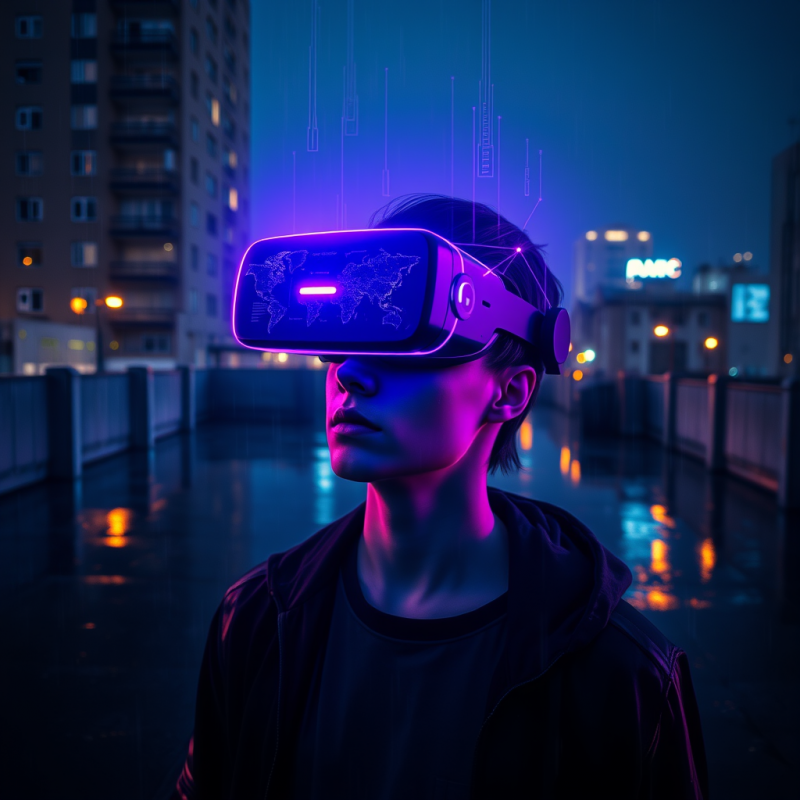 Person Wearing Vr Headset in Neon City