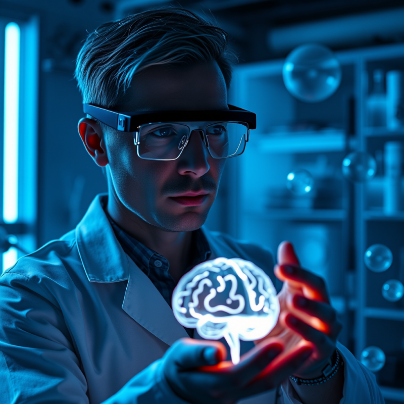 Scientist Holding Glowing Brain Model