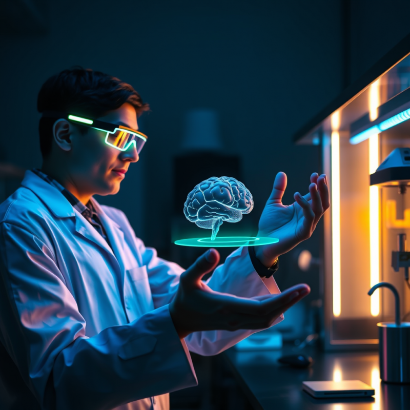 Scientist with Glowing Brain Model