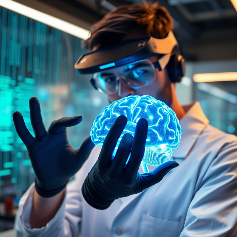 Scientist Holding Glowing Brain Model