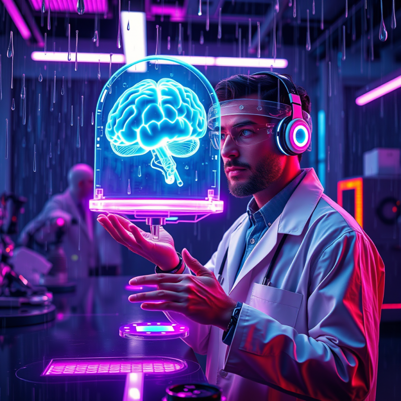 Scientist Examining Glowing Brain Model
