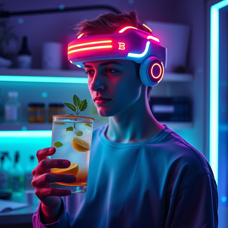 Young Man with Neon Headset Holding Cocktail