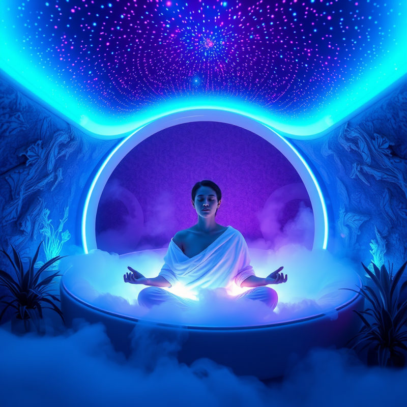 Woman Meditating in Neon Starry Chamber