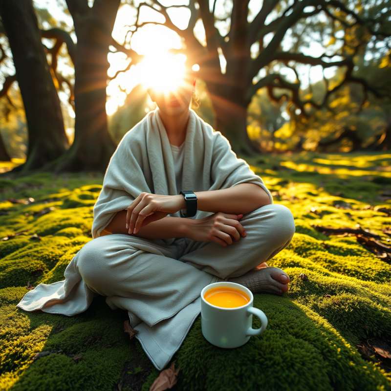Person Meditating with Mug in Forest
