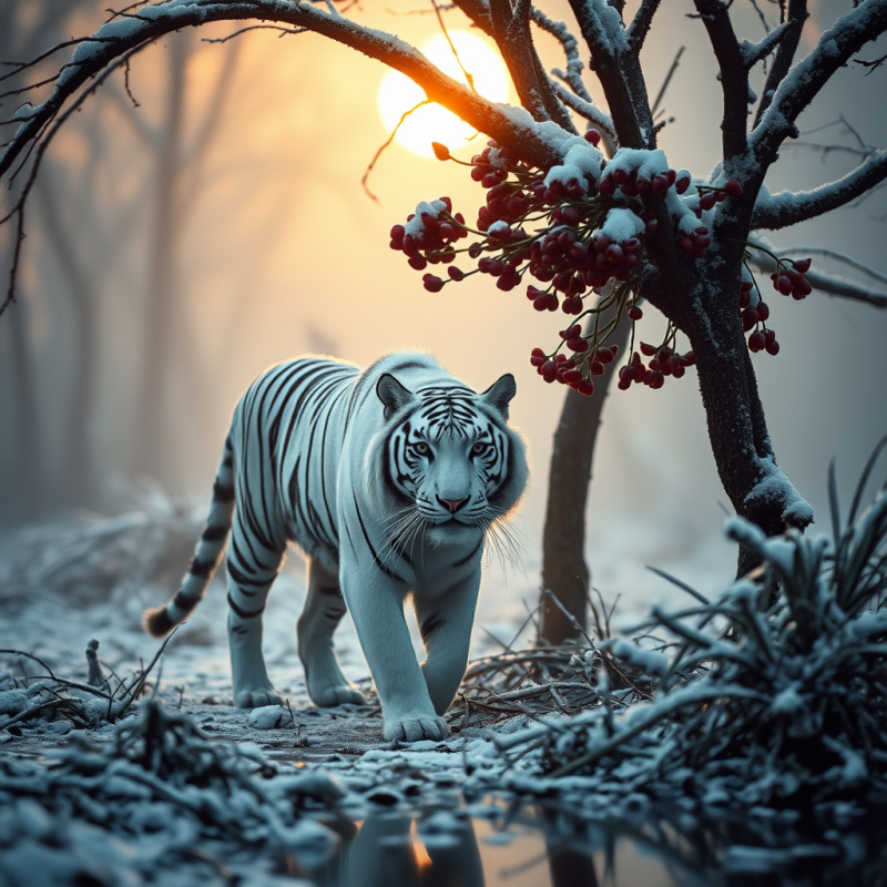 White Tiger Walking Through Snowy Forest