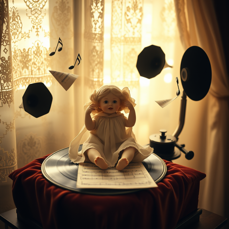Vintage Doll on Record with Music Notes