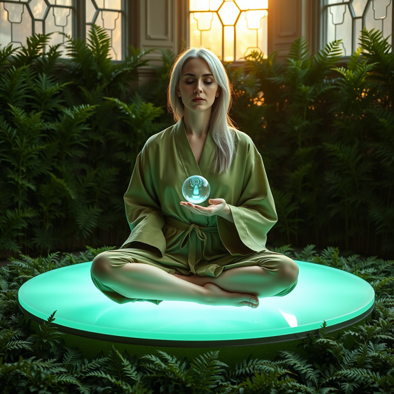 Woman Meditating with Floating Crystal