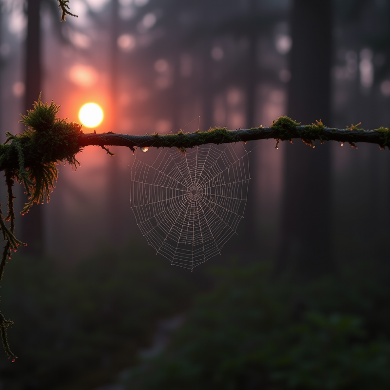Spider Web on Mossy Branch at Sunrise