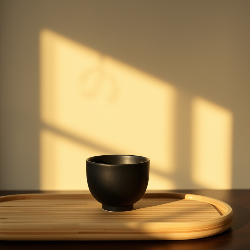 Black Ceramic Cup on Bamboo Tray