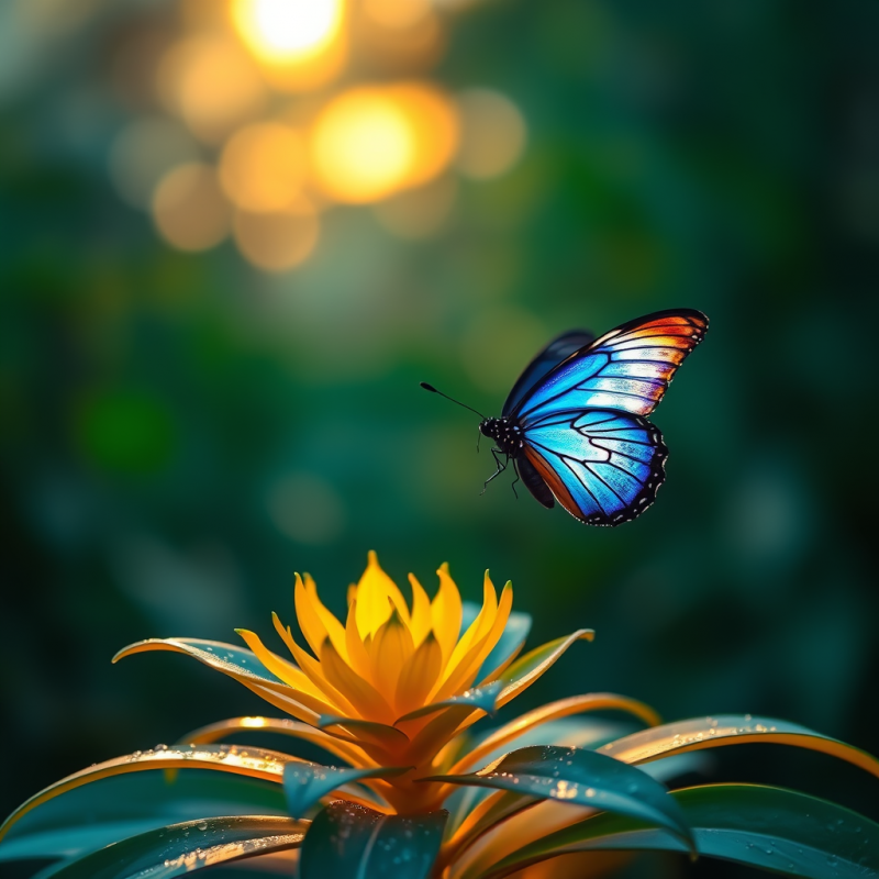 Blue Butterfly Hovering Over Yellow Flower