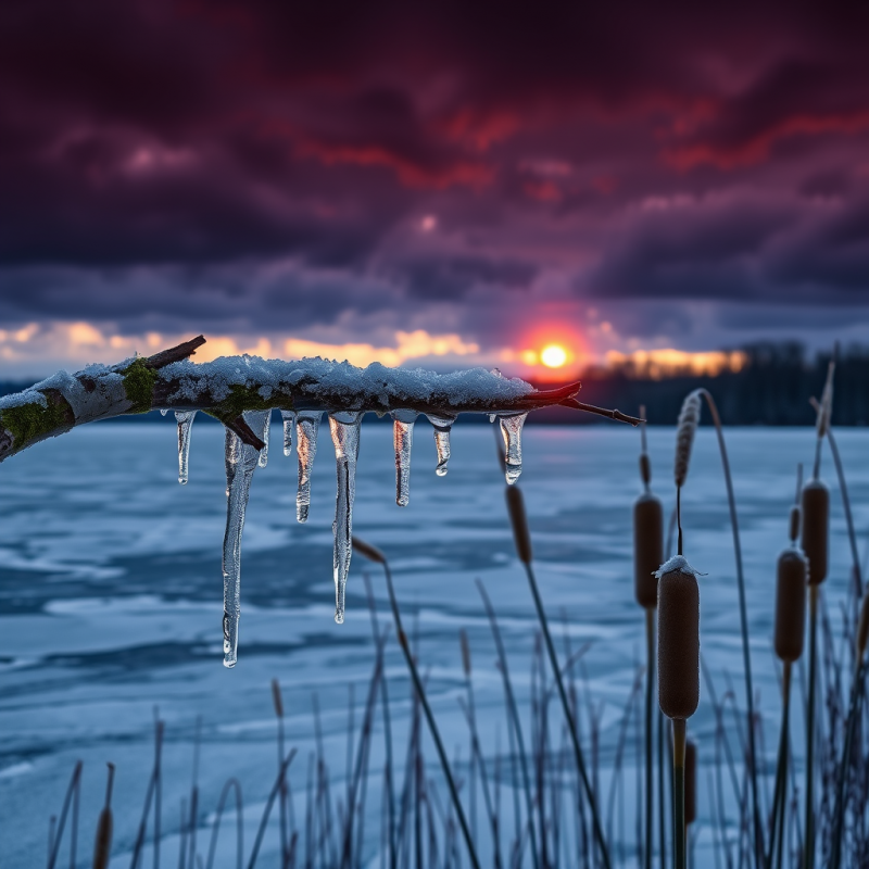 Frozen Branch with Icicles