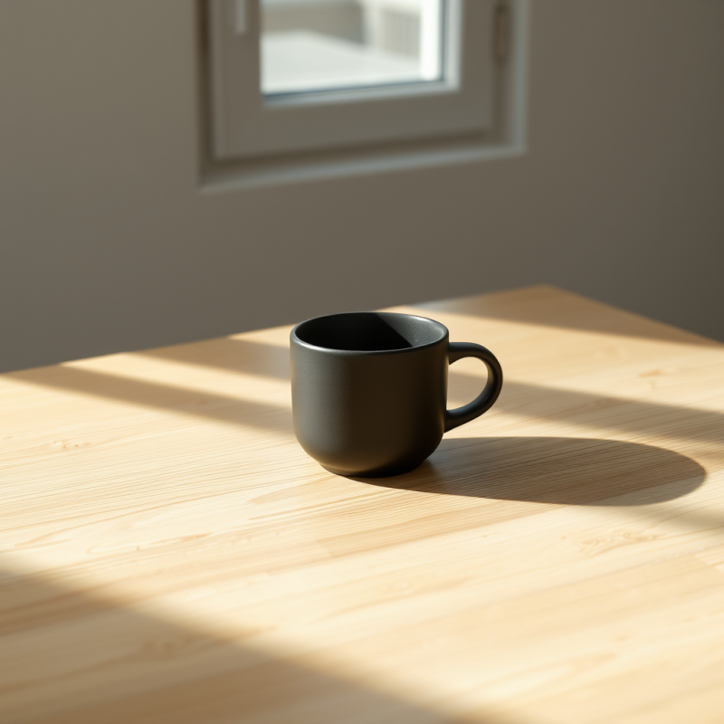 Black Mug on Wooden Table in Sunlight