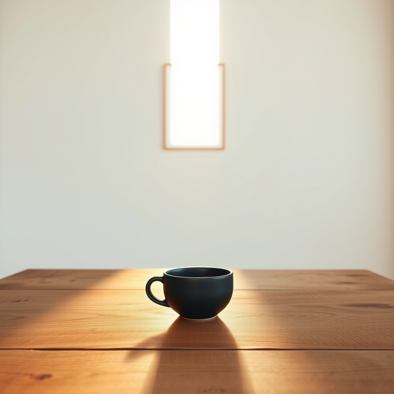 Black Mug on Wooden Table with Sunlight