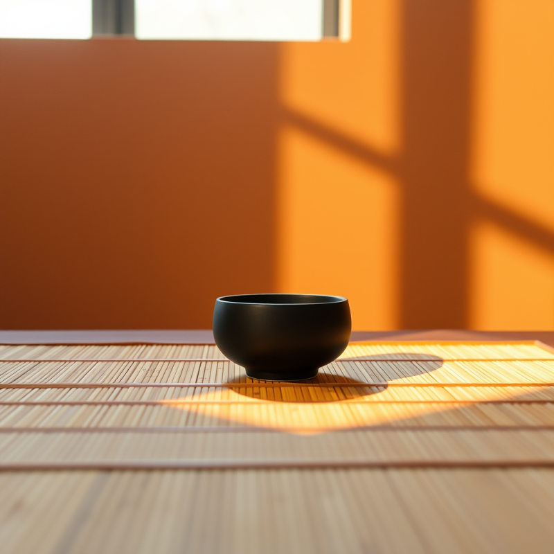 Black Bowl on Bamboo Mat with Sunlight