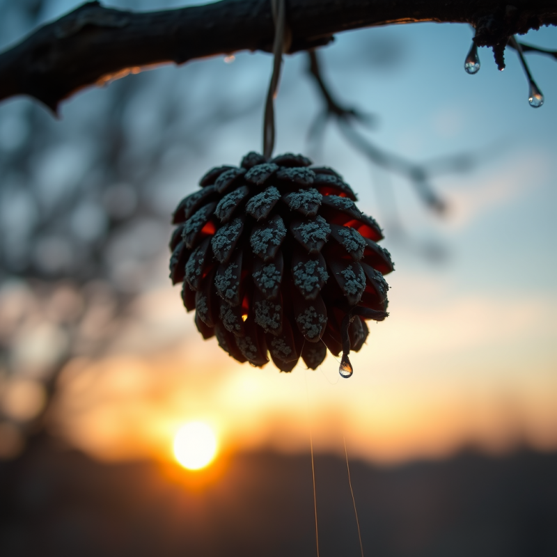 Frosty Pinecone with Dripping Water