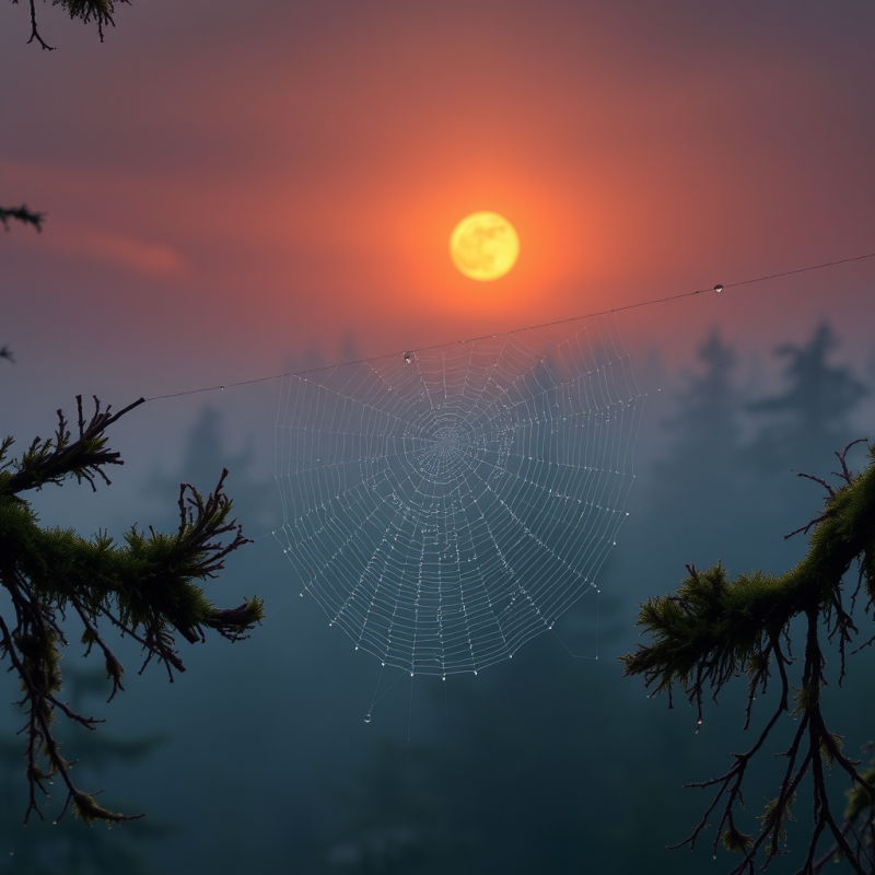 Spiderweb with Dew Drops at Sunset