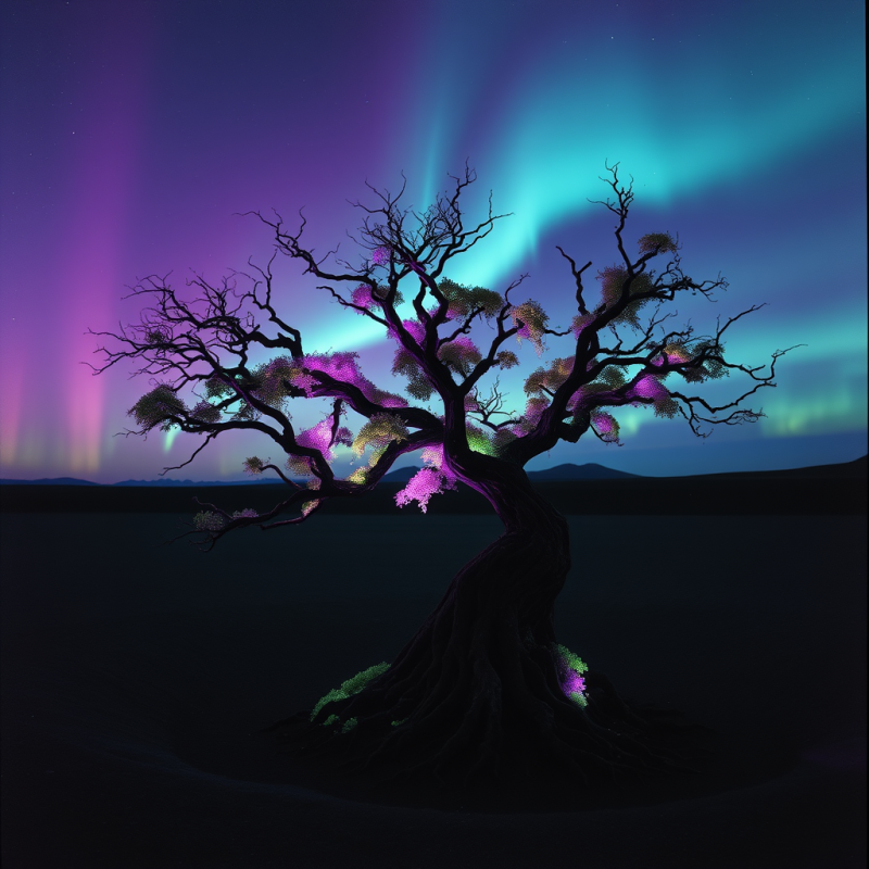 Glowing Tree Under Aurora Borealis
