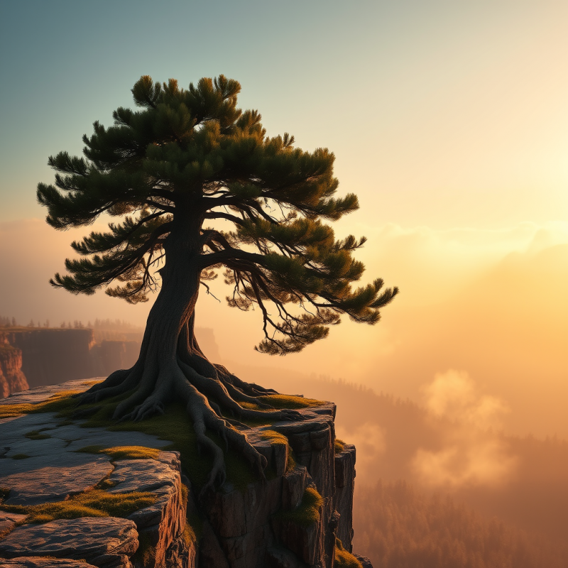 Solitary Pine on Cliff at Sunset