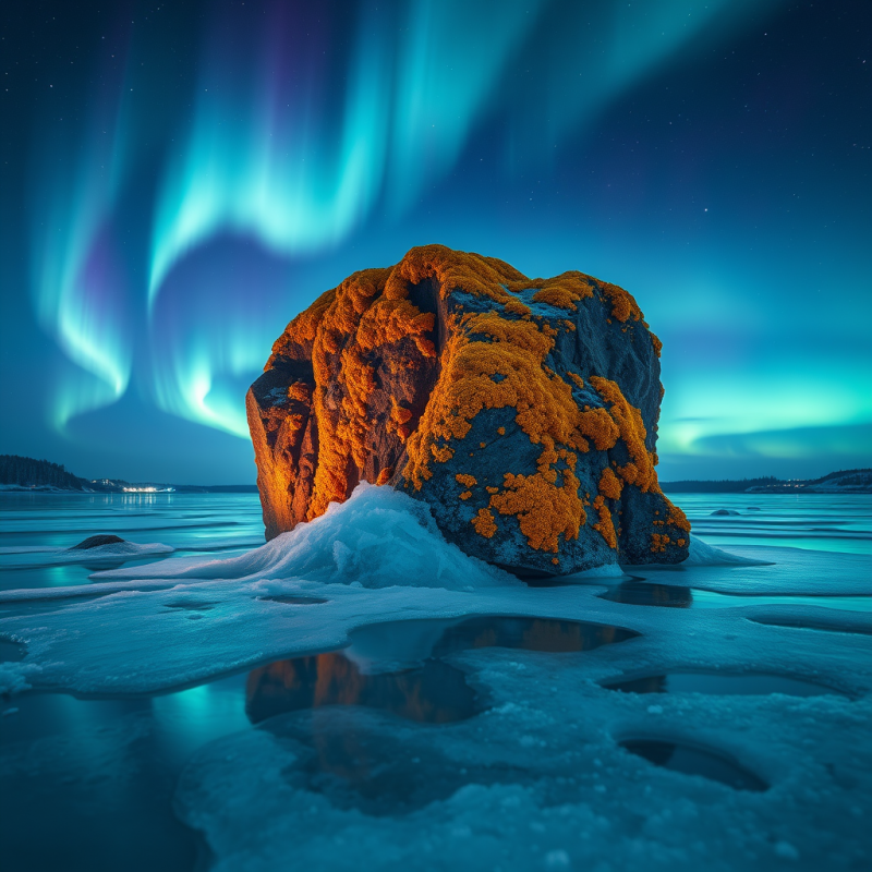 Aurora Over Lichen-covered Rock