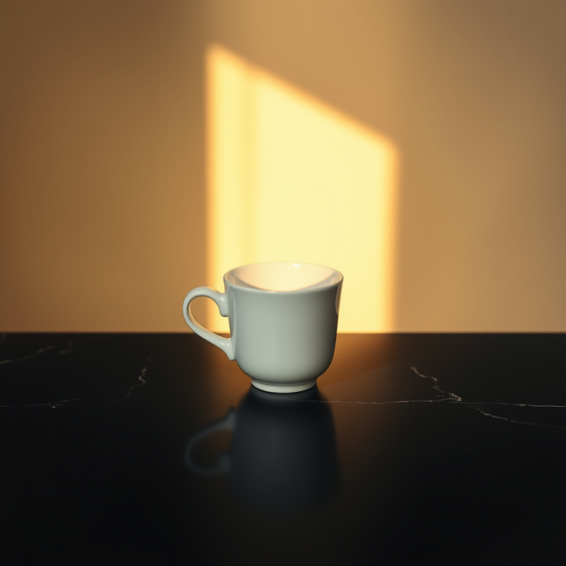 Sunlit Cup on Dark Surface