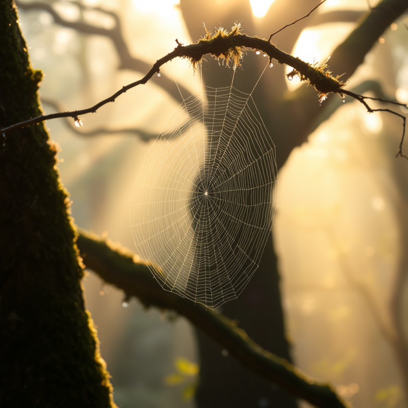 Spider Web with Dew Drops in Forest