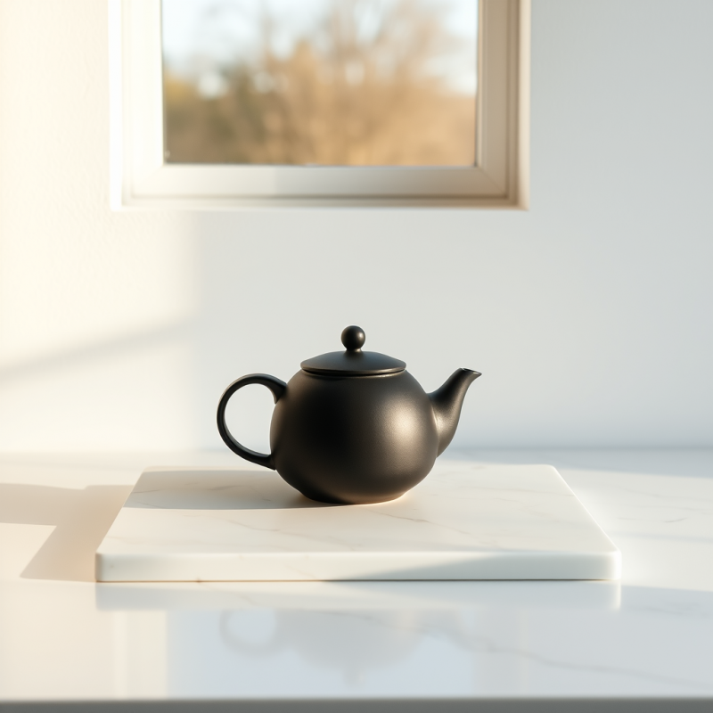 Black Teapot on Marble Tray by Window