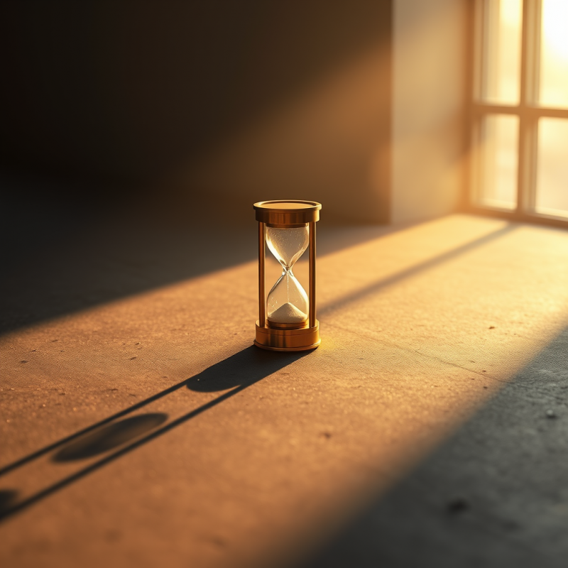 A Single Brass Hourglass Resting On A Matte Charcoal Conc...