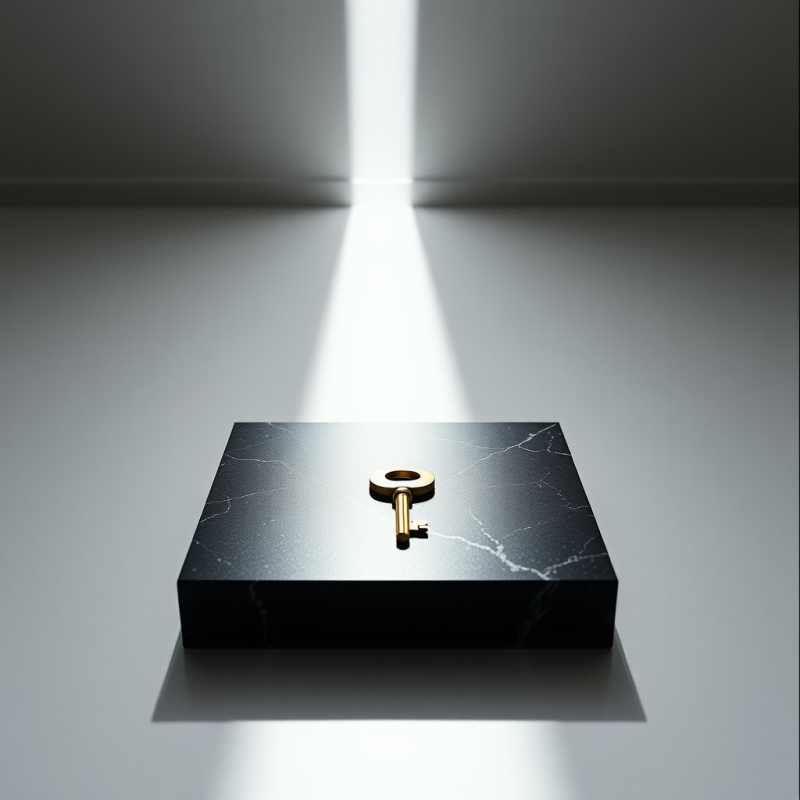 A Single Brass Key Rests On A Matte Black Marble Slab