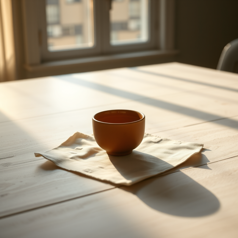 Earthen Cup on Wooden Table with Sunlight