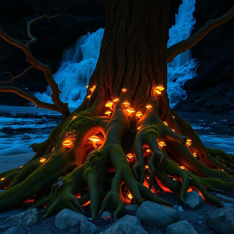 Glowing Mushrooms on Ancient Tree Roots